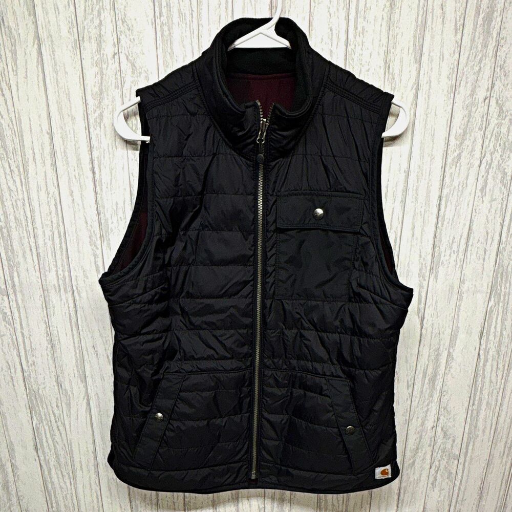 Carhartt Womens Reversible Quilted Puffer Vest Full Zip Pockets Black Plaid M